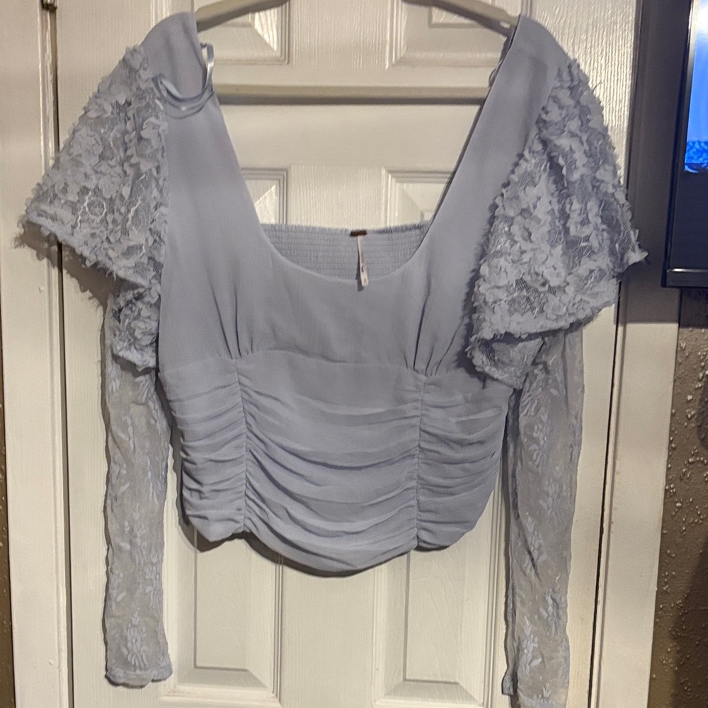 Free People Gray Ruched Ruffled Long Sleeve Blouse